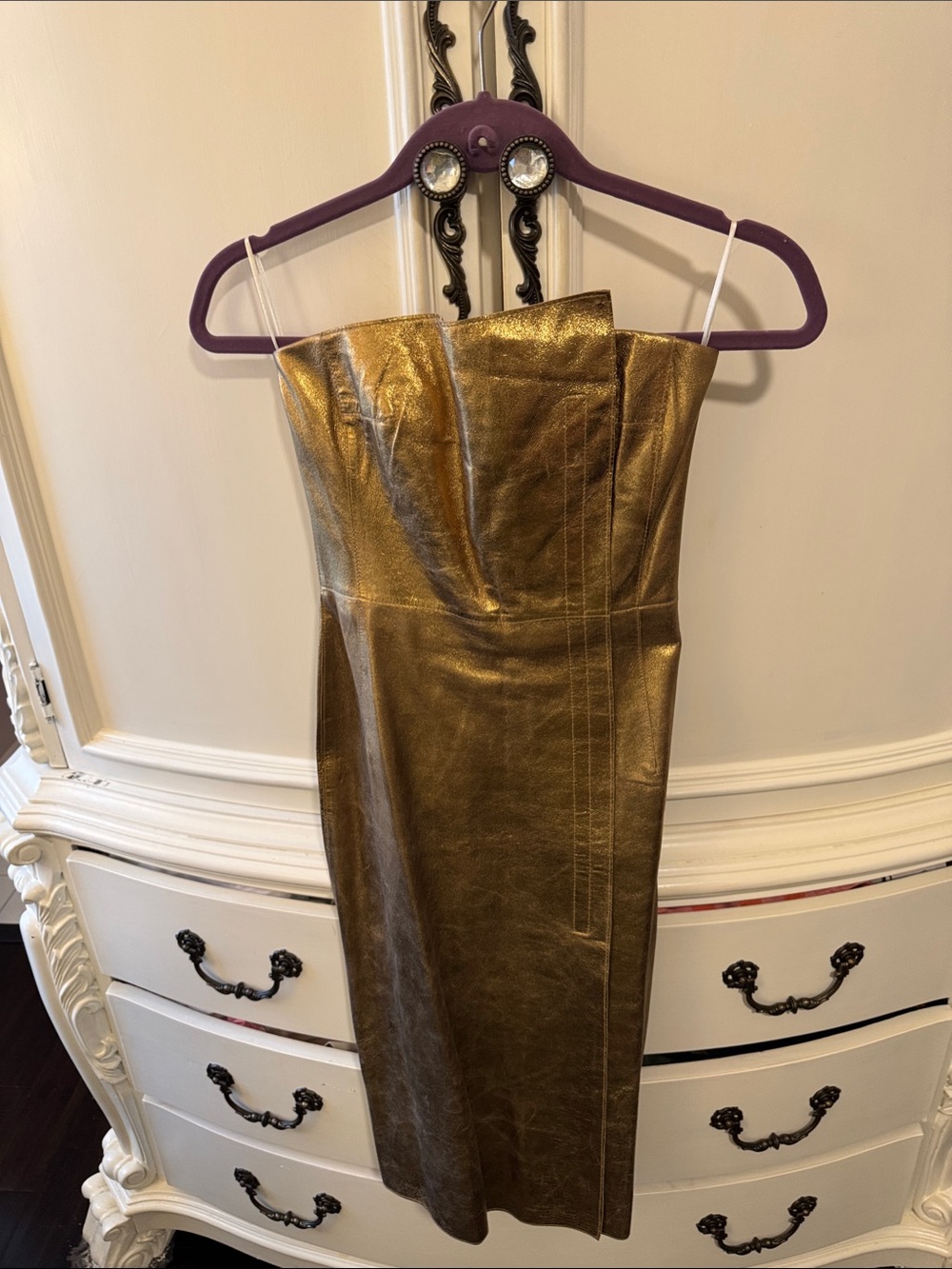 BCBGMaxAzria Strapless Metallic Gold Midi Dress